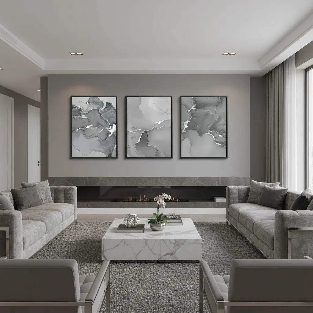 Large 3-piece abstract canvas art above sofa in luxury living room