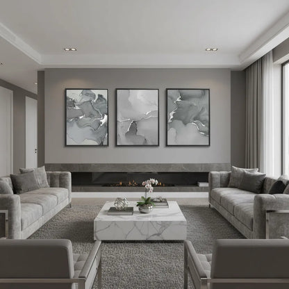 Large 3-piece abstract canvas art above sofa in luxury living room