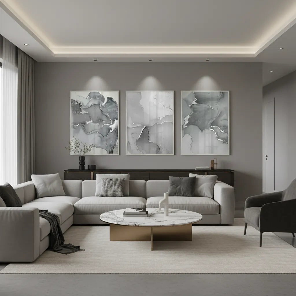 Modern living room decor with 3-panel grey abstract canvas