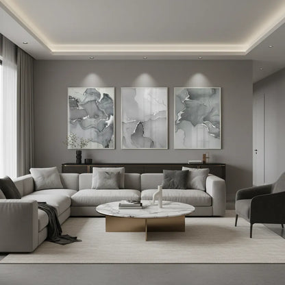 Modern living room decor with 3-panel grey abstract canvas