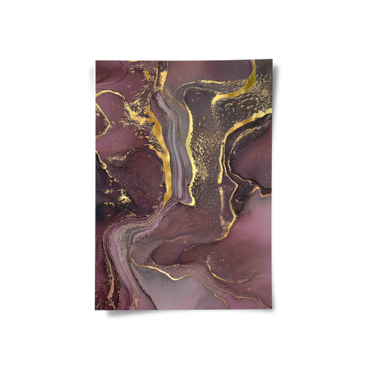 Close-up of deep wine, lavender, and gold abstract marble poster print with flowing ink design UAE Dubai.