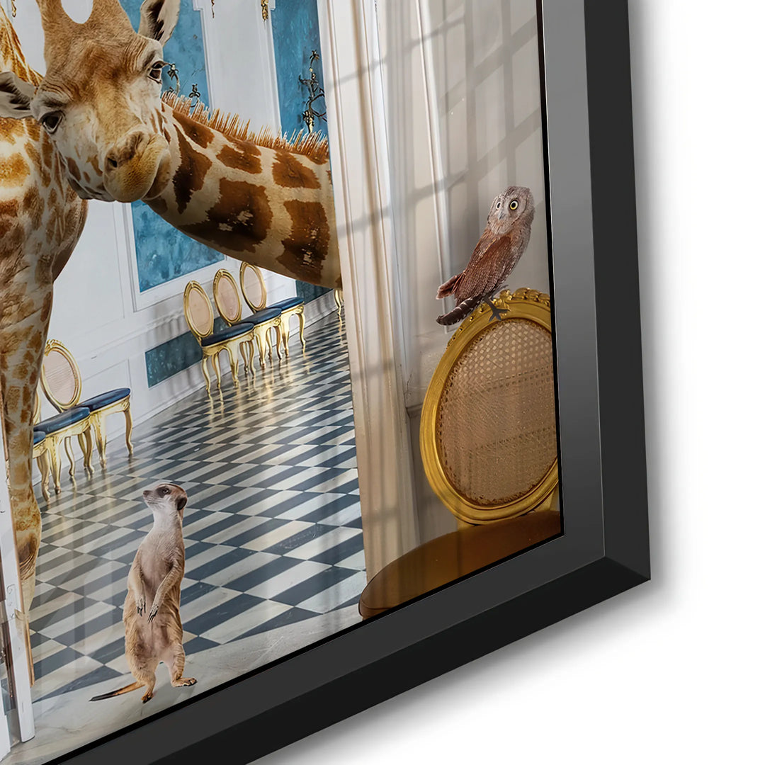 Detailed close-up of the black framed acrylic panel, showcasing the giraffe, meerkat, and glossy finish.