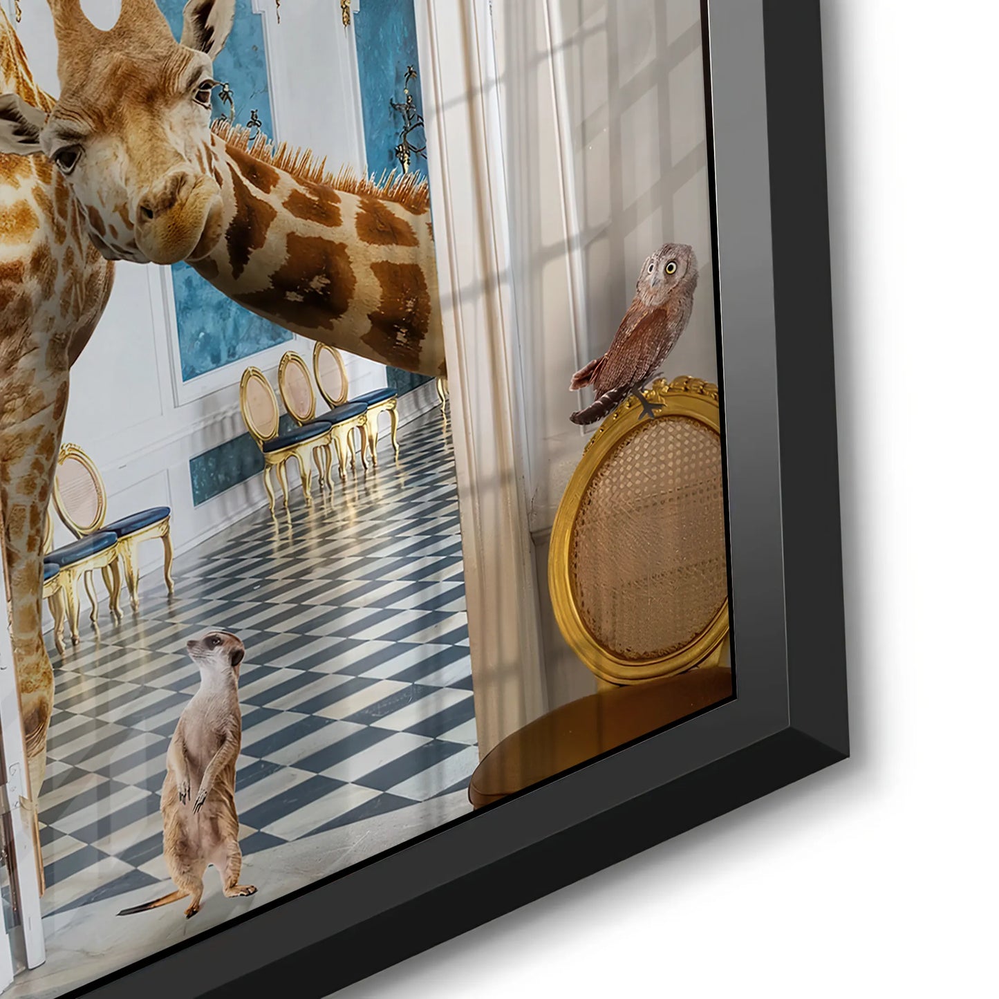 2Detailed close-up of the black framed acrylic panel, showcasing the giraffe, meerkat, and glossy finish.