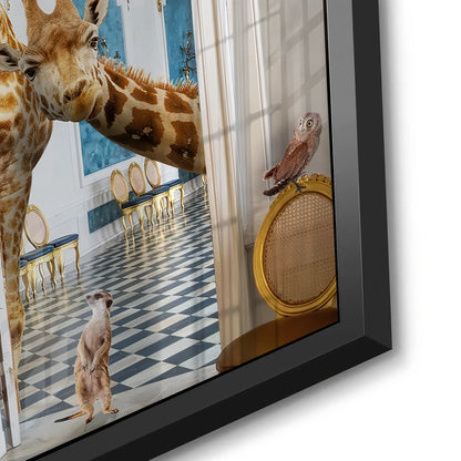 Detailed close-up of the black framed acrylic panel, showcasing the giraffe, meerkat, and glossy finish.