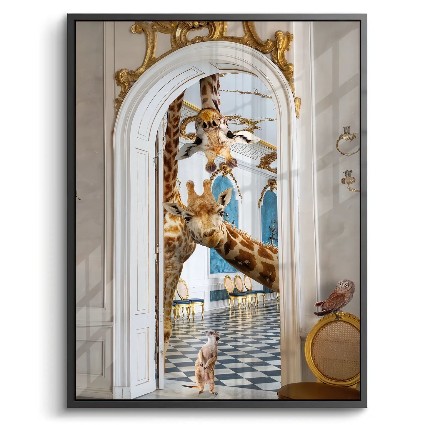2Black-framed acrylic print of surreal animal art with giraffes and a meerkat looking into a ballroom.