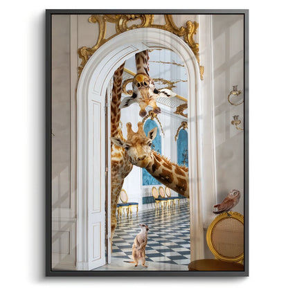 Black-framed acrylic print of surreal animal art with giraffes and a meerkat looking into a ballroom.