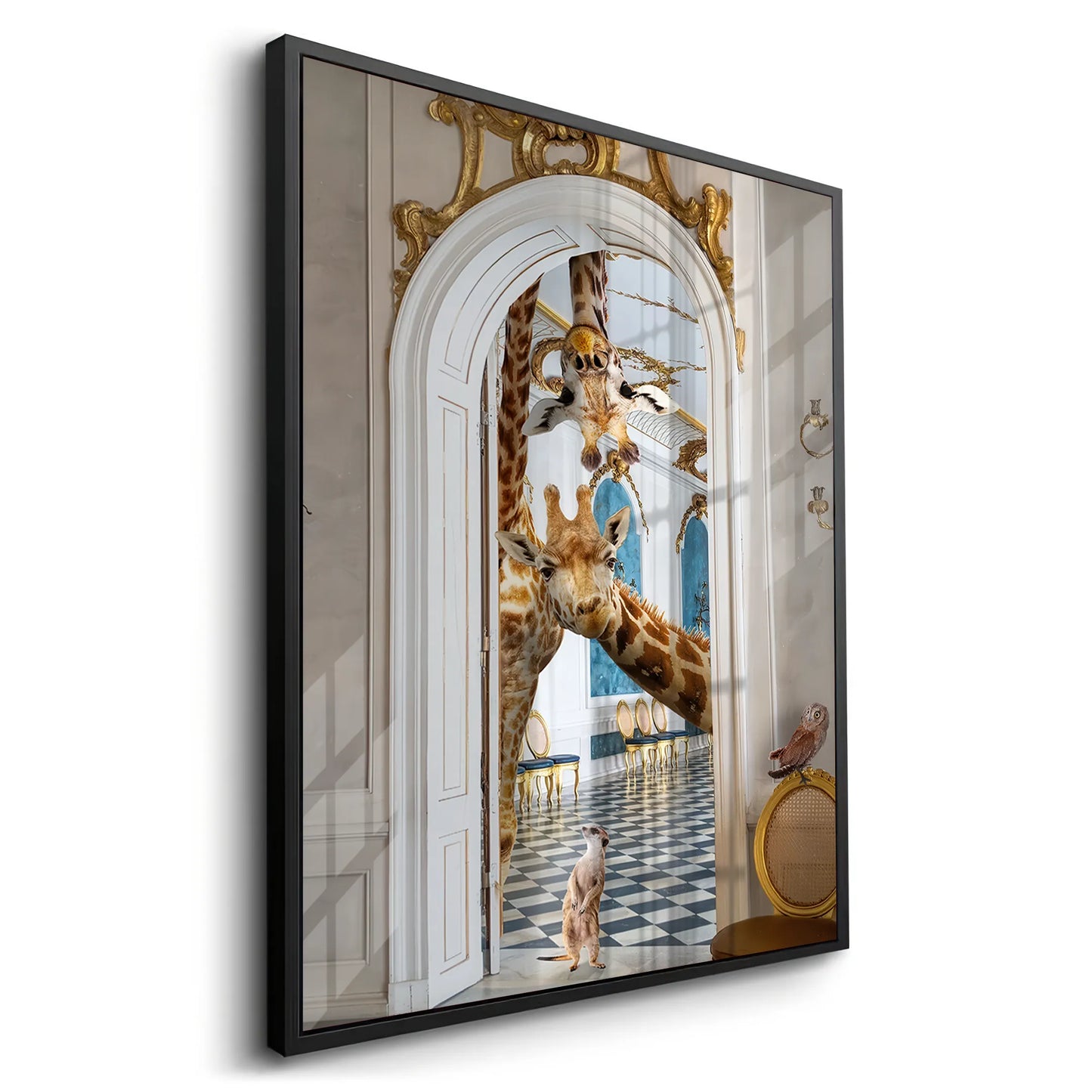 2Dynamic angled view of the acrylic art showing the giraffes in the ornate doorway with a thick black frame.