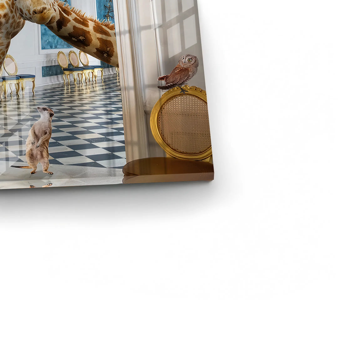 Close-up of a giraffe's head in the acrylic art, highlighting the reflective surface and gold archway.