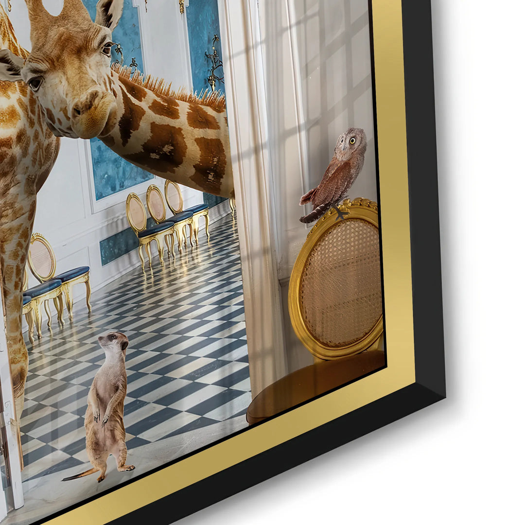 Detailed close-up of the acrylic print edge, showcasing the giraffes and the metallic gold frame.