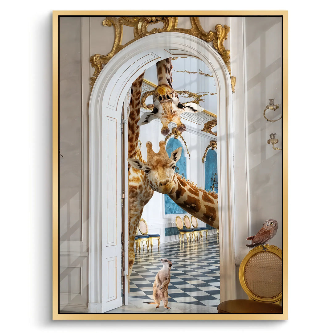 Surreal gold-framed acrylic wall art featuring giraffes and a meerkat in a grand palace ballroom.