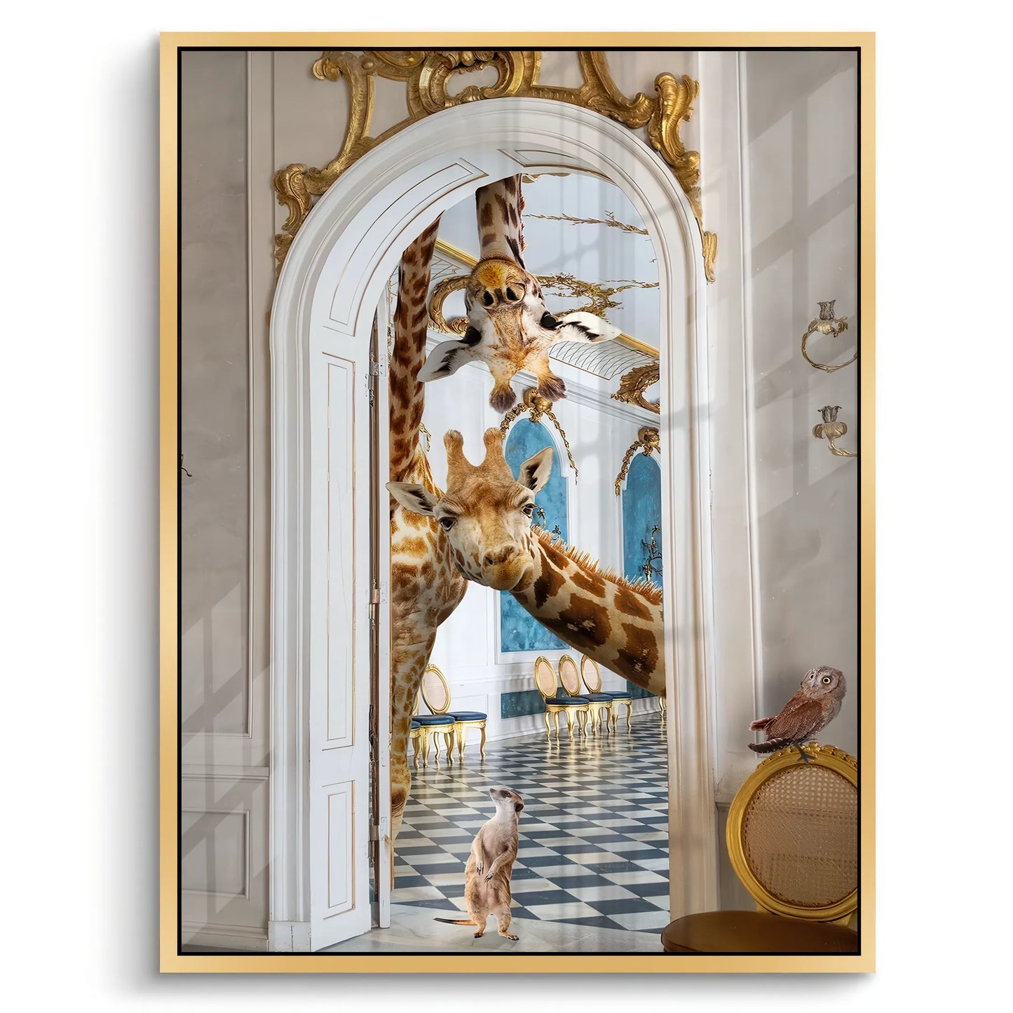 2Surreal gold-framed acrylic wall art featuring giraffes and a meerkat in a grand palace ballroom.