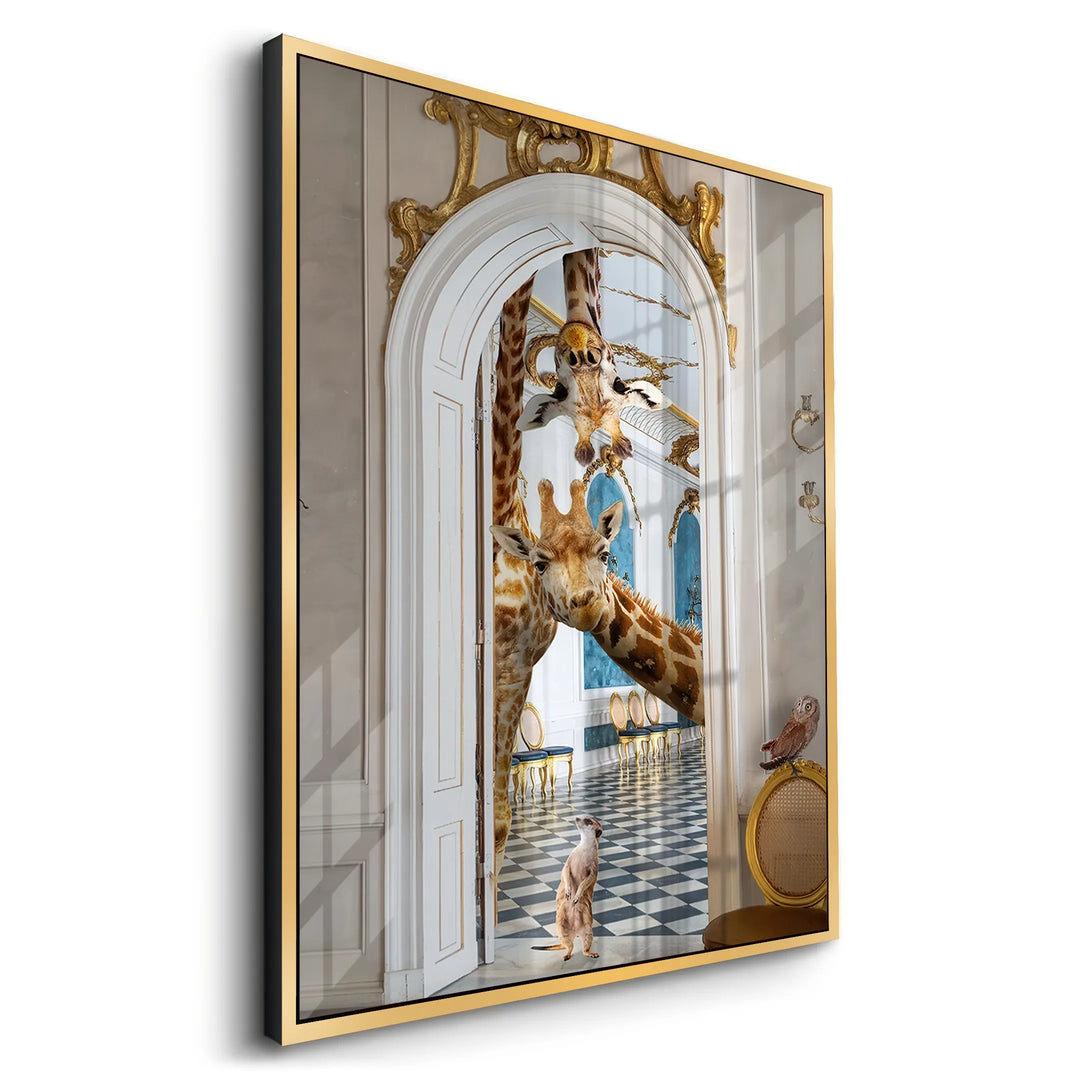 Angled view of the gold-framed acrylic art showing the giraffes and ornate gold archway.