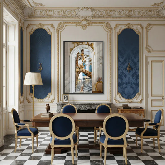 Luxury dining room decor with a blue and gold theme, featuring the framed giraffe acrylic wall art.