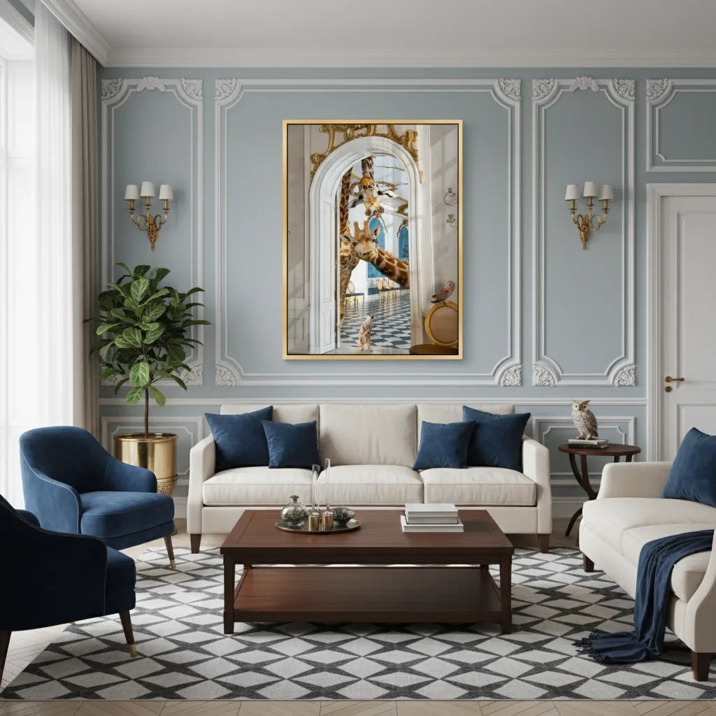 Elegant living room with blue accents and the gold-framed giraffe acrylic print above a white sofa.