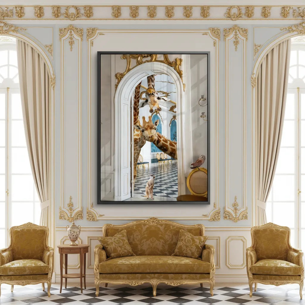 2Formal gold and white living room with the framed giraffe acrylic art centered above a yellow sofa.