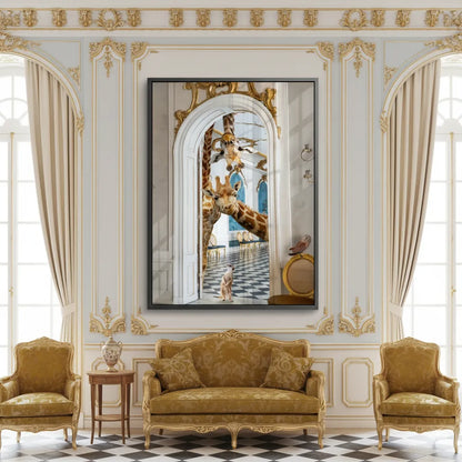 Formal gold and white living room with the framed giraffe acrylic art centered above a yellow sofa.