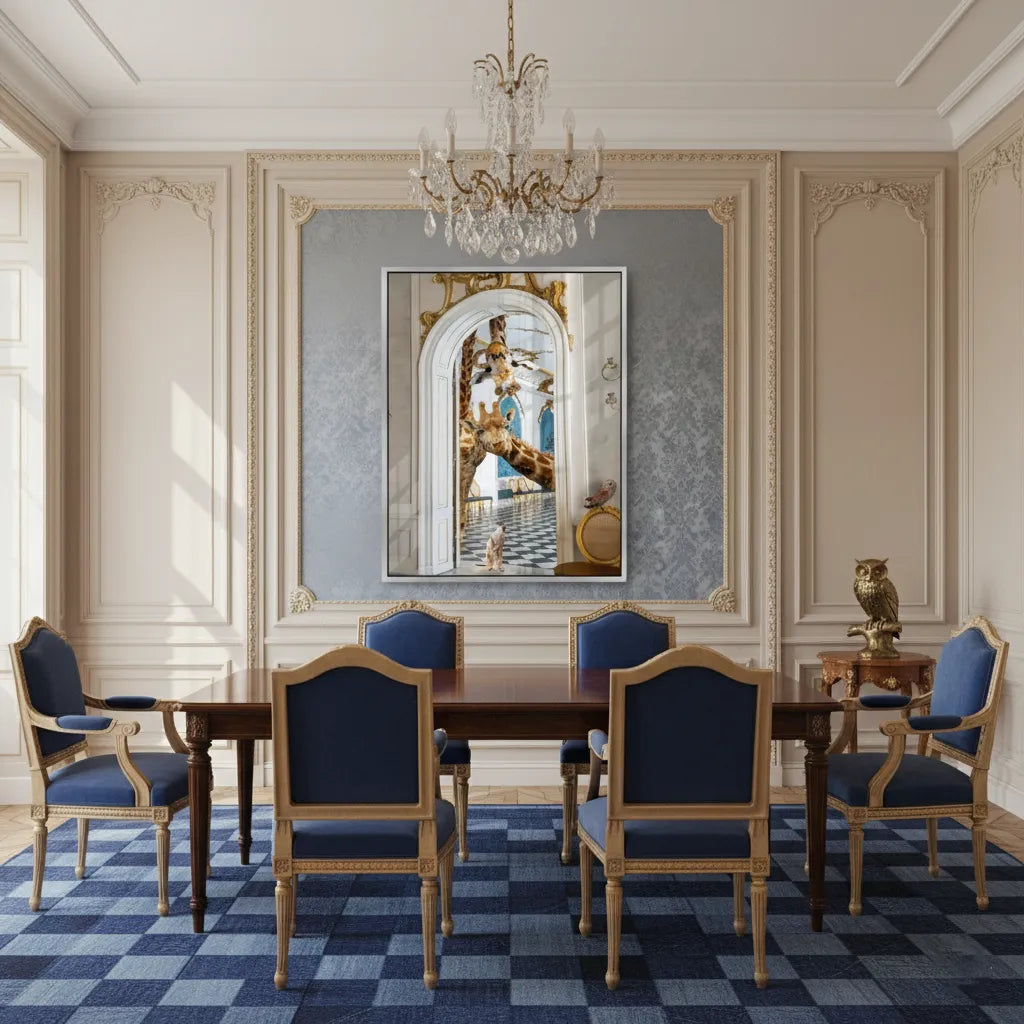 2Grand dining room with a long table and the giraffe acrylic print displayed on the wall.