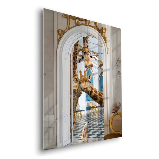 Angled view of a glossy acrylic print featuring giraffes and a meerkat in a grand palace doorway.