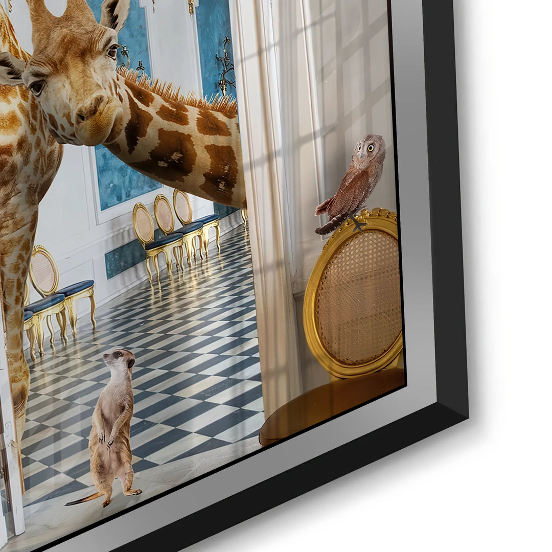 Dynamic perspective of the giraffe art highlighting the glossy acrylic finish and silver frame.