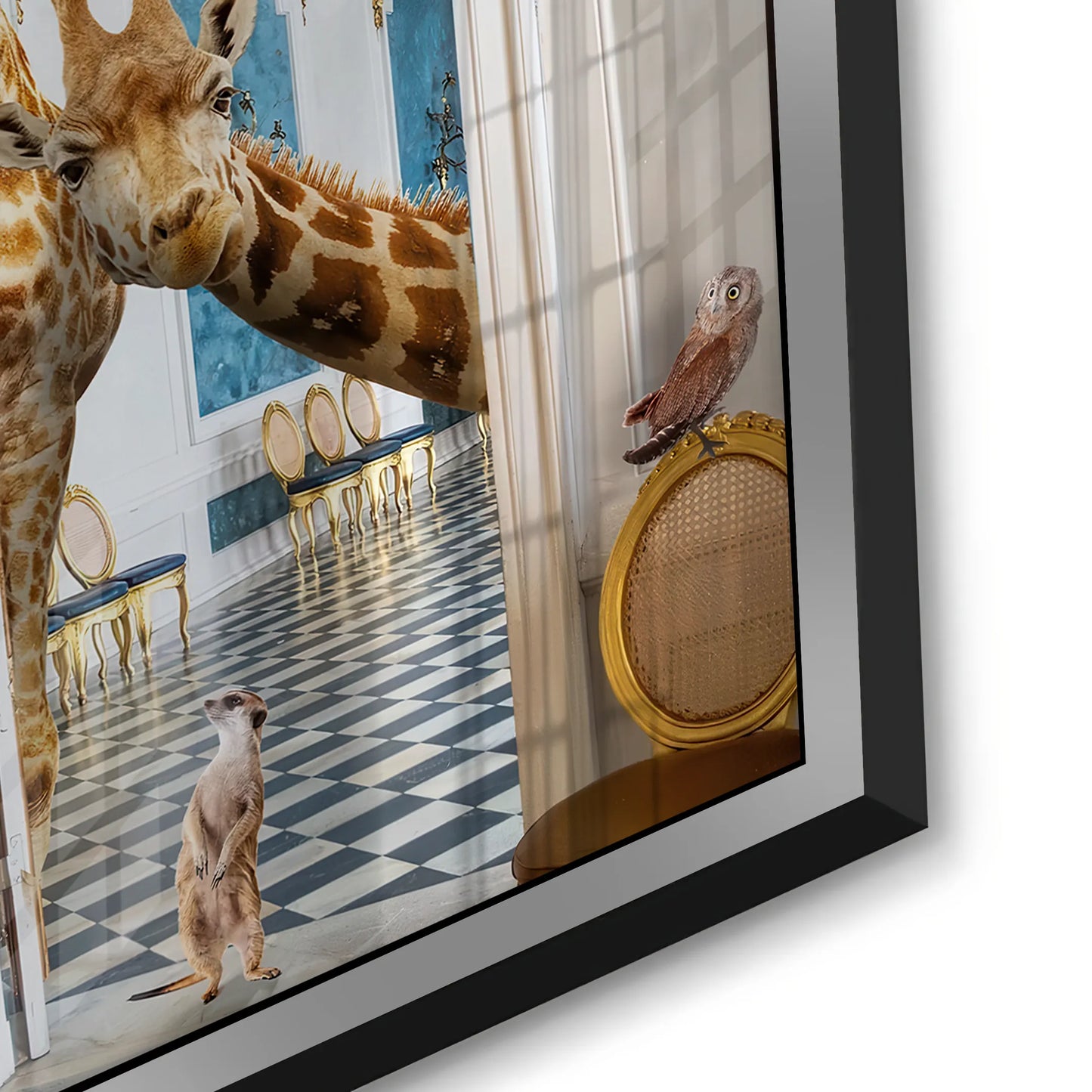 2Dynamic perspective of the giraffe art highlighting the glossy acrylic finish and silver frame.