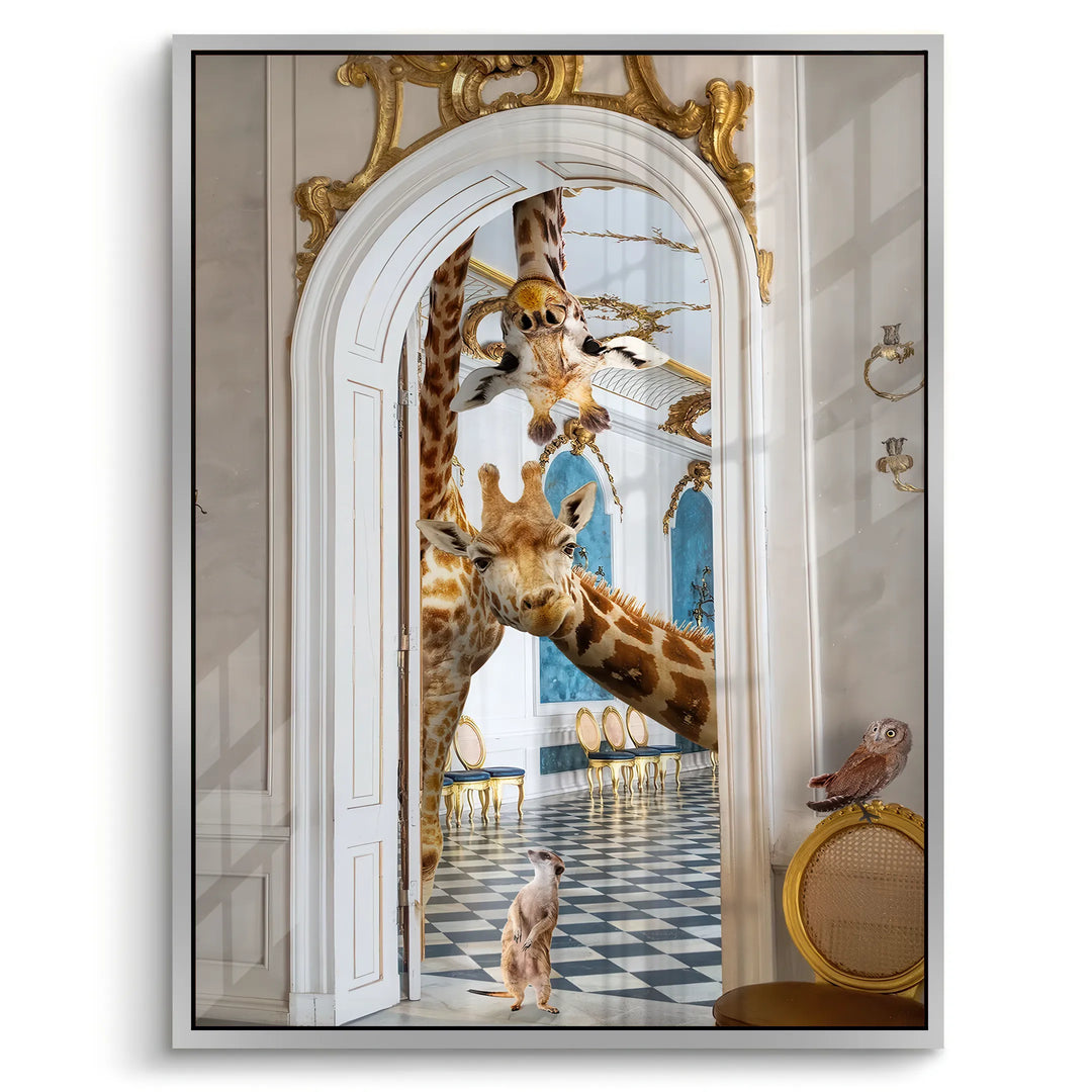 White framed acrylic art of giraffes in a palace, featuring a checkered floor and gold accents.