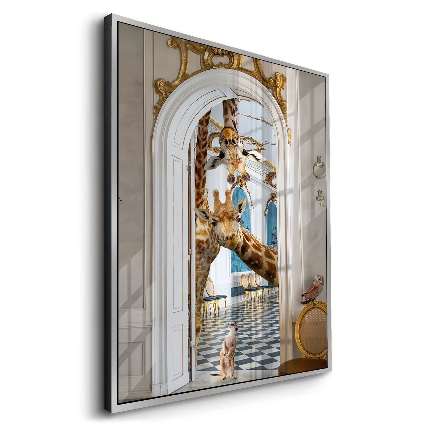 2Angled acrylic print of giraffes in a white and gold archway, framed in silver.