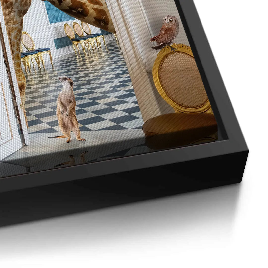 2Detailed corner close-up of the meerkat and giraffe canvas art, showing the texture and black frame edge.