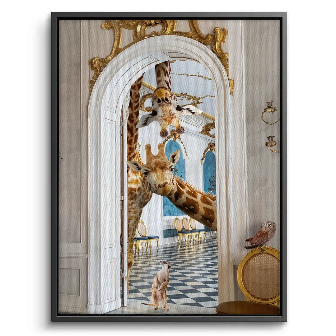 Black framed canvas artwork of a giraffe and meerkat in an elegant interior setting