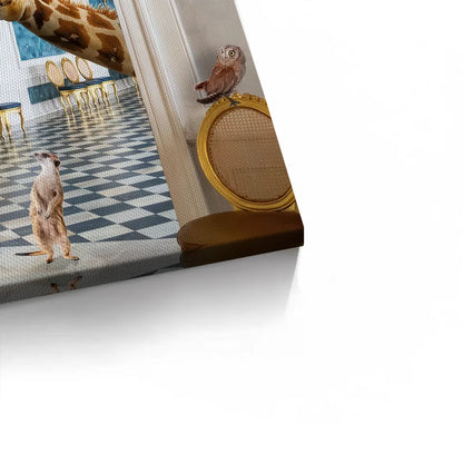 Close-up of the meerkat and giraffe canvas art, showing the stretched canvas.