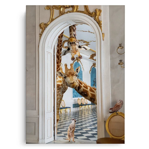 Unframed canvas print of giraffes and a meerkat peeking through an ornate palace doorway.