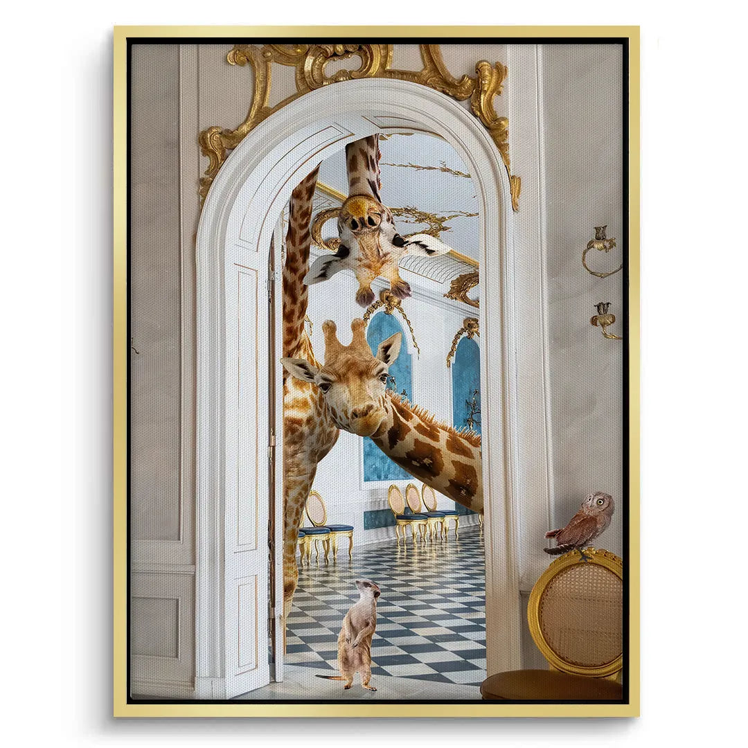 Gold-framed canvas print of the giraffes in a palace on a checkered floor, looking through a gold archway.