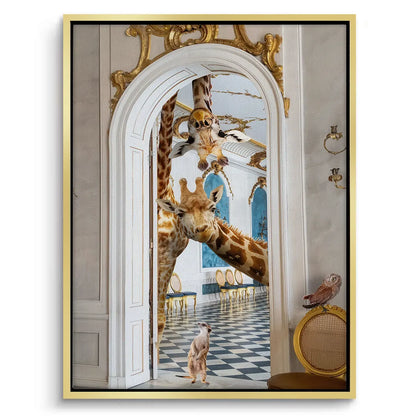 Gold-framed canvas print of the giraffes in a palace on a checkered floor, looking through a gold archway.