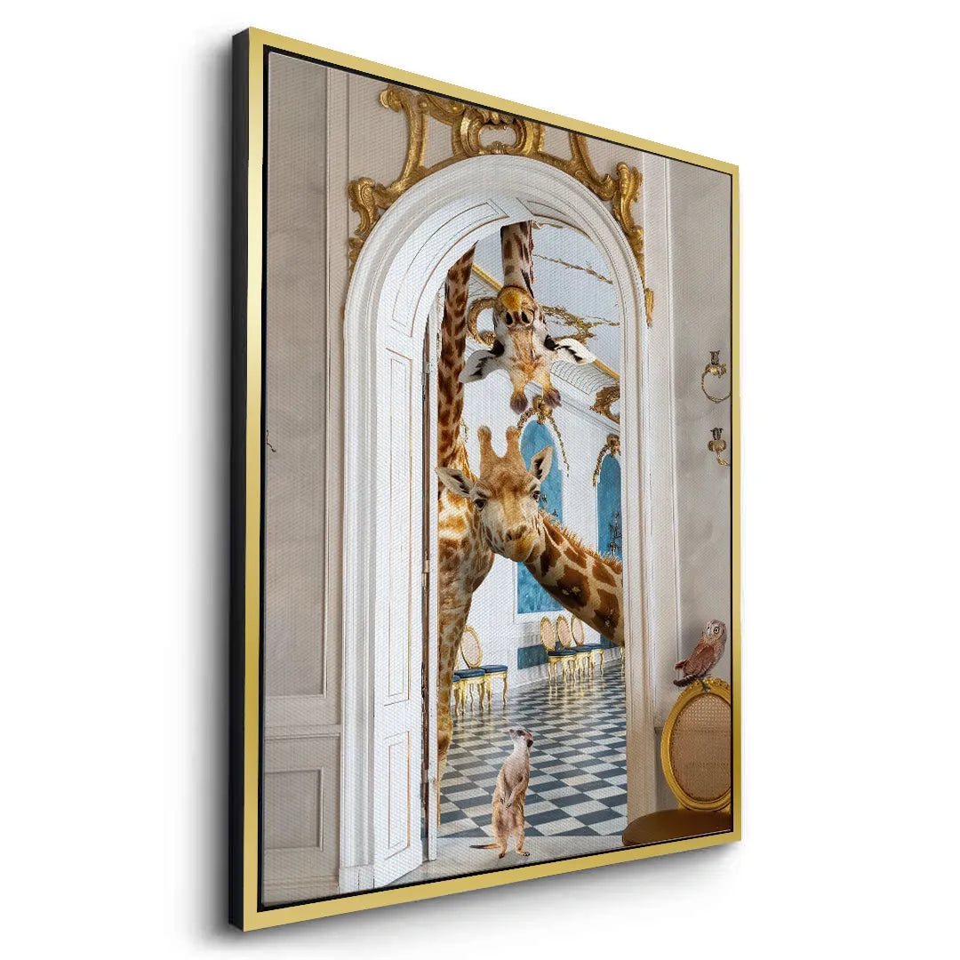 Dynamic angled view of the gold-framed canvas art, highlighting the ornate gold arch and the giraffe's head.