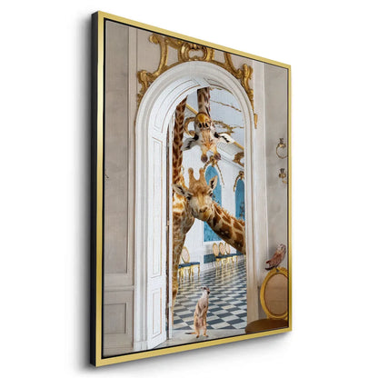 Dynamic angled view of the gold-framed canvas art, highlighting the ornate gold arch and the giraffe's head.
