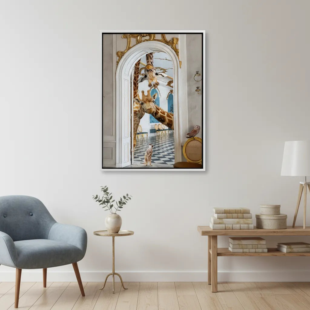 Bright, modern room with a minimalist wood table and the framed giraffe canvas art hanging over a chair.