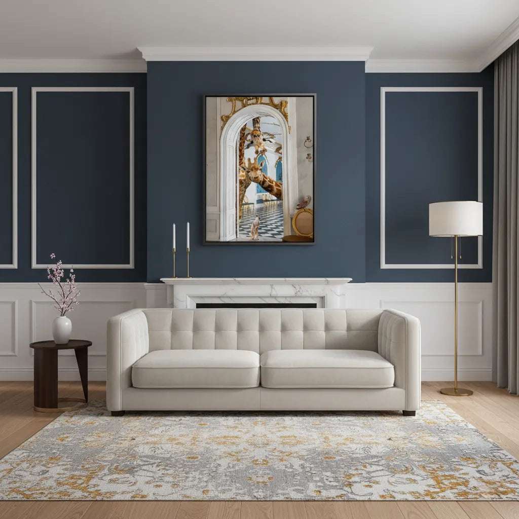 Luxury navy blue and gold room with the framed giraffe and meerkat canvas art above a white sofa.