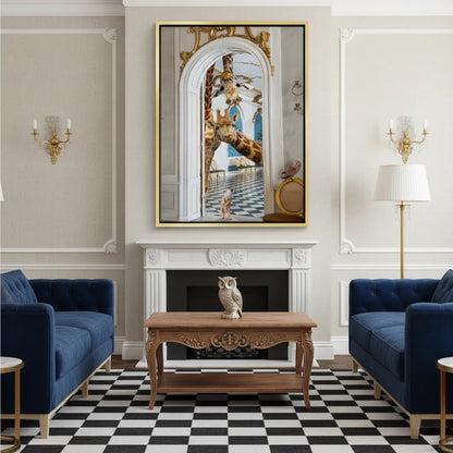 Formal living room with a fireplace and two blue chairs, featuring the gold-framed giraffe canvas art centered.