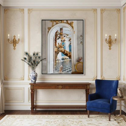 Elegant hallway decor with the framed giraffe canvas art hung above a console table and blue velvet chair.