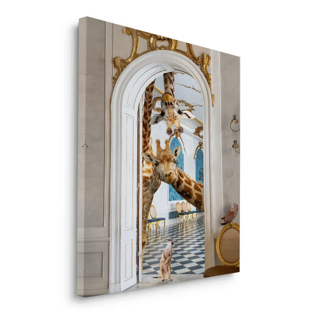 Angled perspective of the surreal giraffe canvas print.
