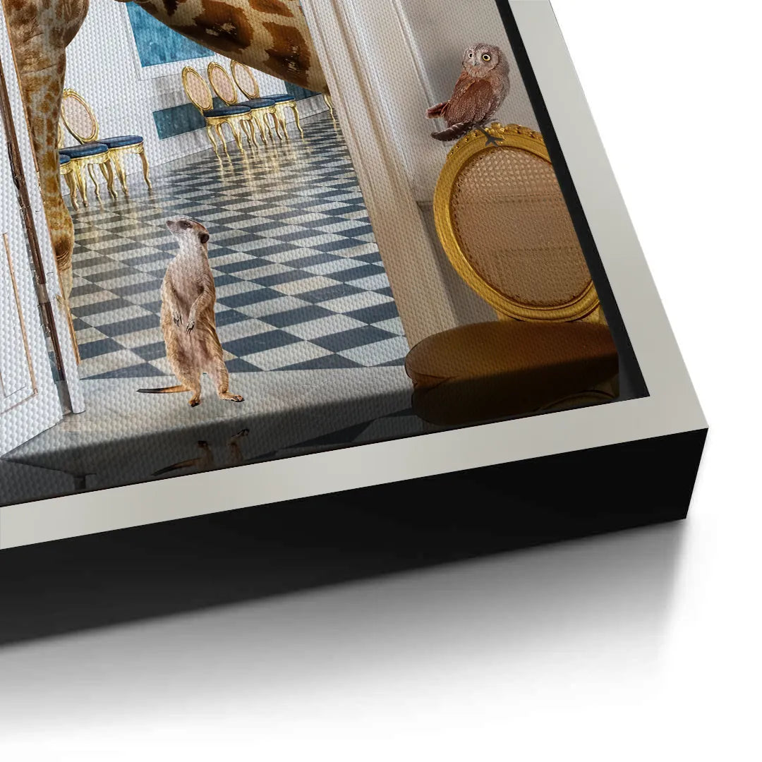 Detailed corner close-up of the giraffe canvas print with a metallic silver frame edge.