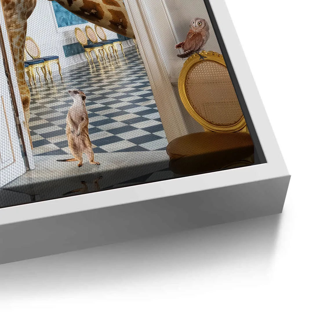 Detailed corner close-up of the meerkat and giraffe canvas print with a clean white frame edge.
