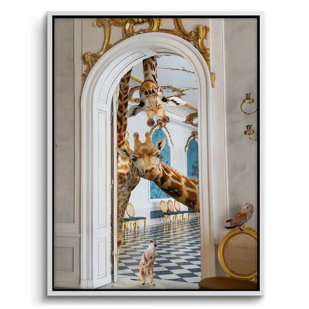 2White-framed canvas print of the two giraffes and meerkat looking into the gold and blue palace.