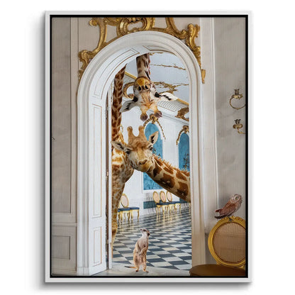 White-framed canvas print of the two giraffes and meerkat looking into the gold and blue palace.