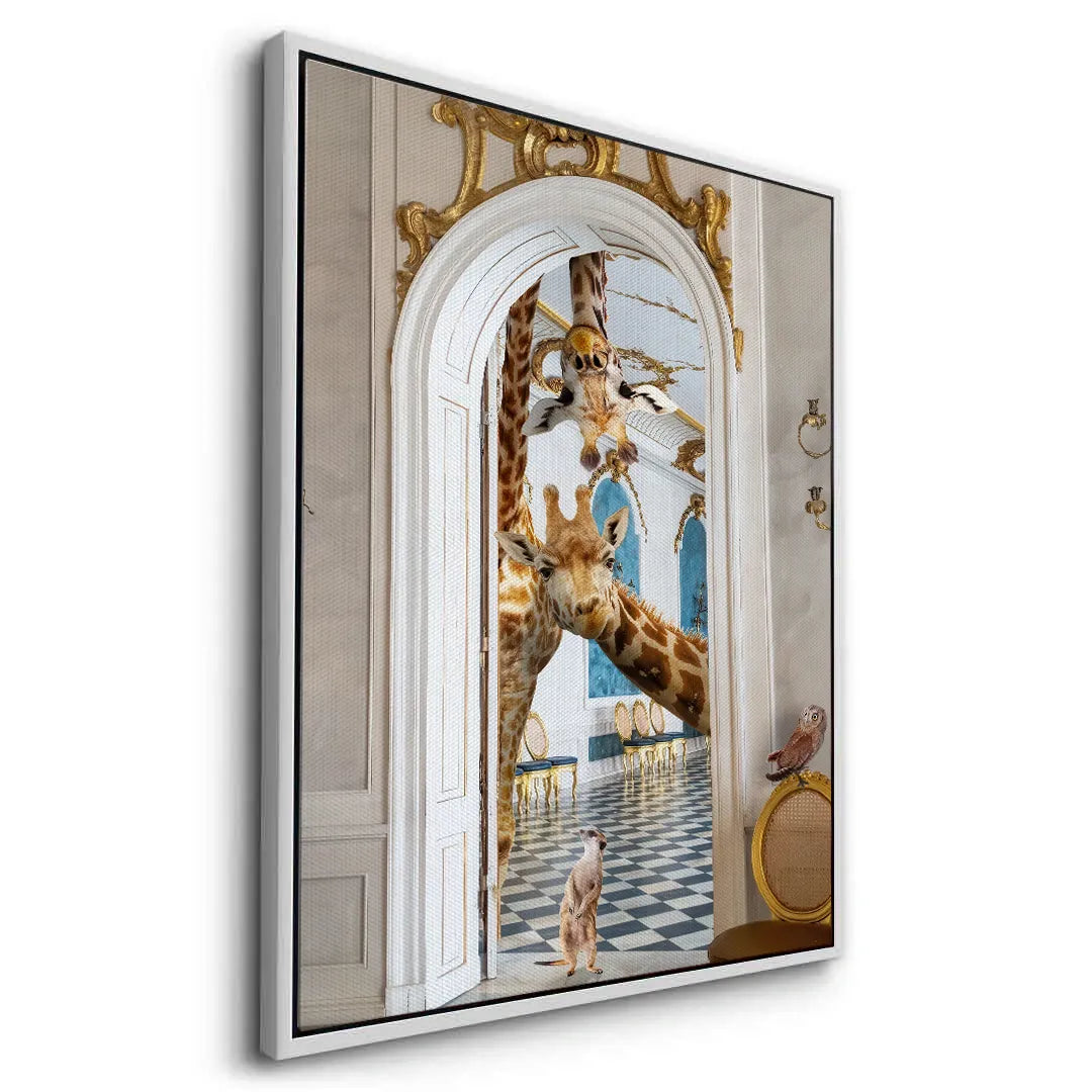 2Dynamic angled view of the giraffe canvas art, featuring a thin metallic white frame.