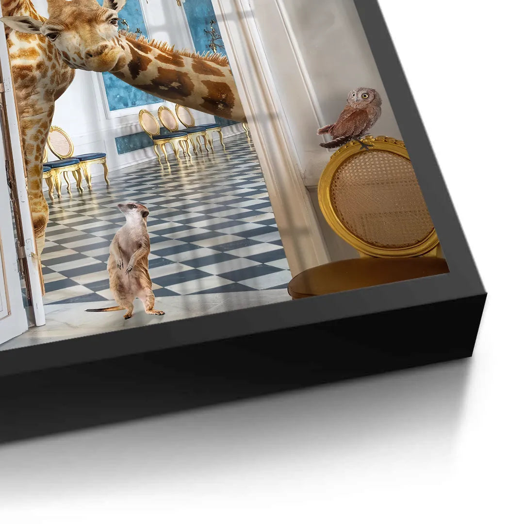 Detailed corner close-up of the meerkat and giraffe fine art, showcasing the black frame edge.