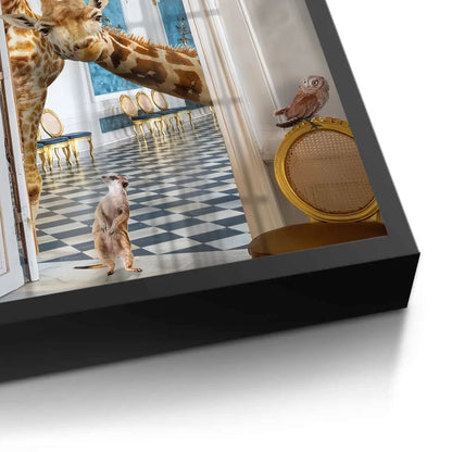 Detailed corner close-up of the meerkat and giraffe fine art, showcasing the black frame edge.