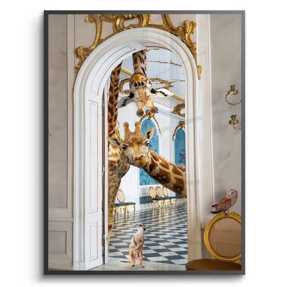 Black-framed fine art print of the giraffes and meerkat looking into the blue and gold ballroom.