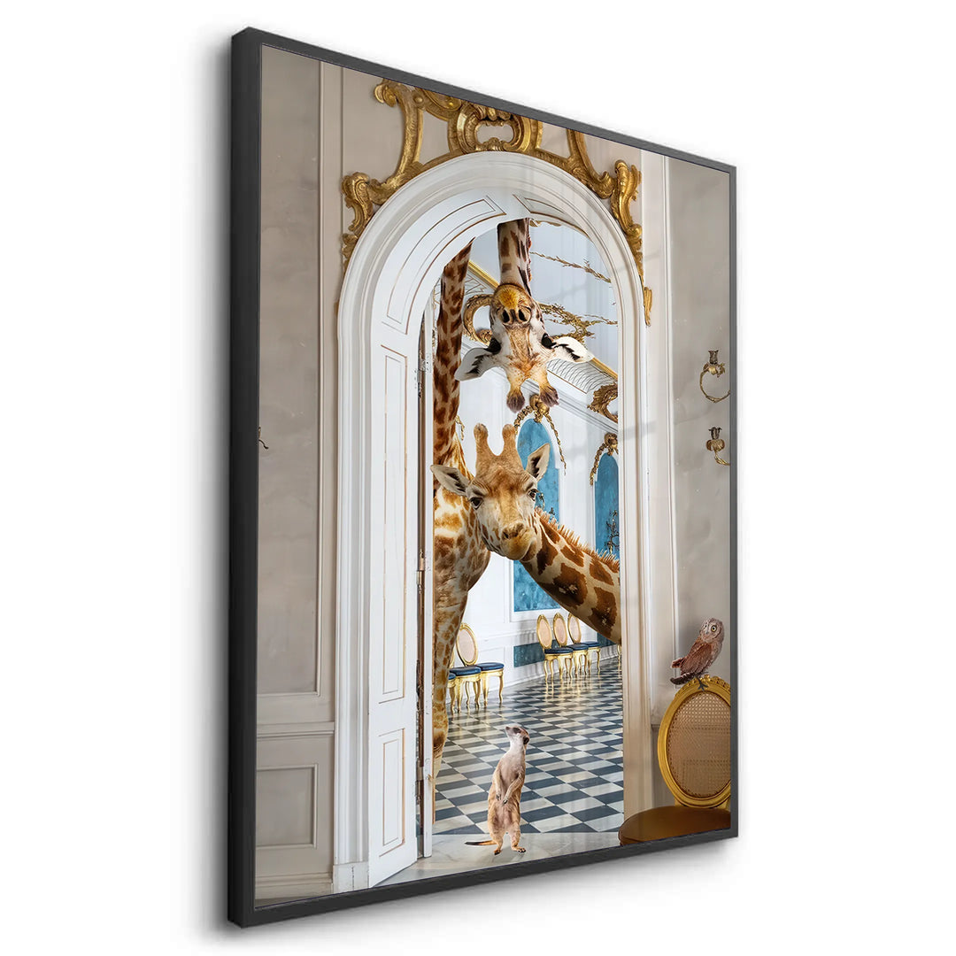 Dynamic angled view of the black-framed fine art with the giraffes and ornate gold arch.