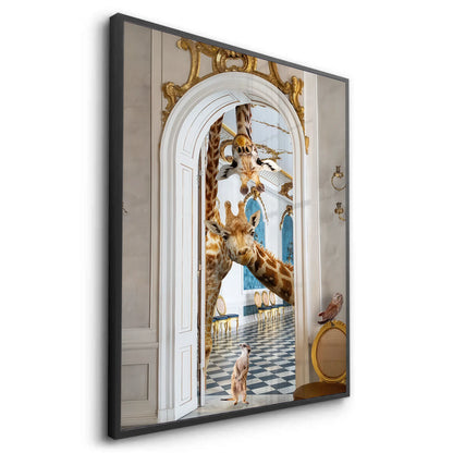 Dynamic angled view of the black-framed fine art with the giraffes and ornate gold arch.