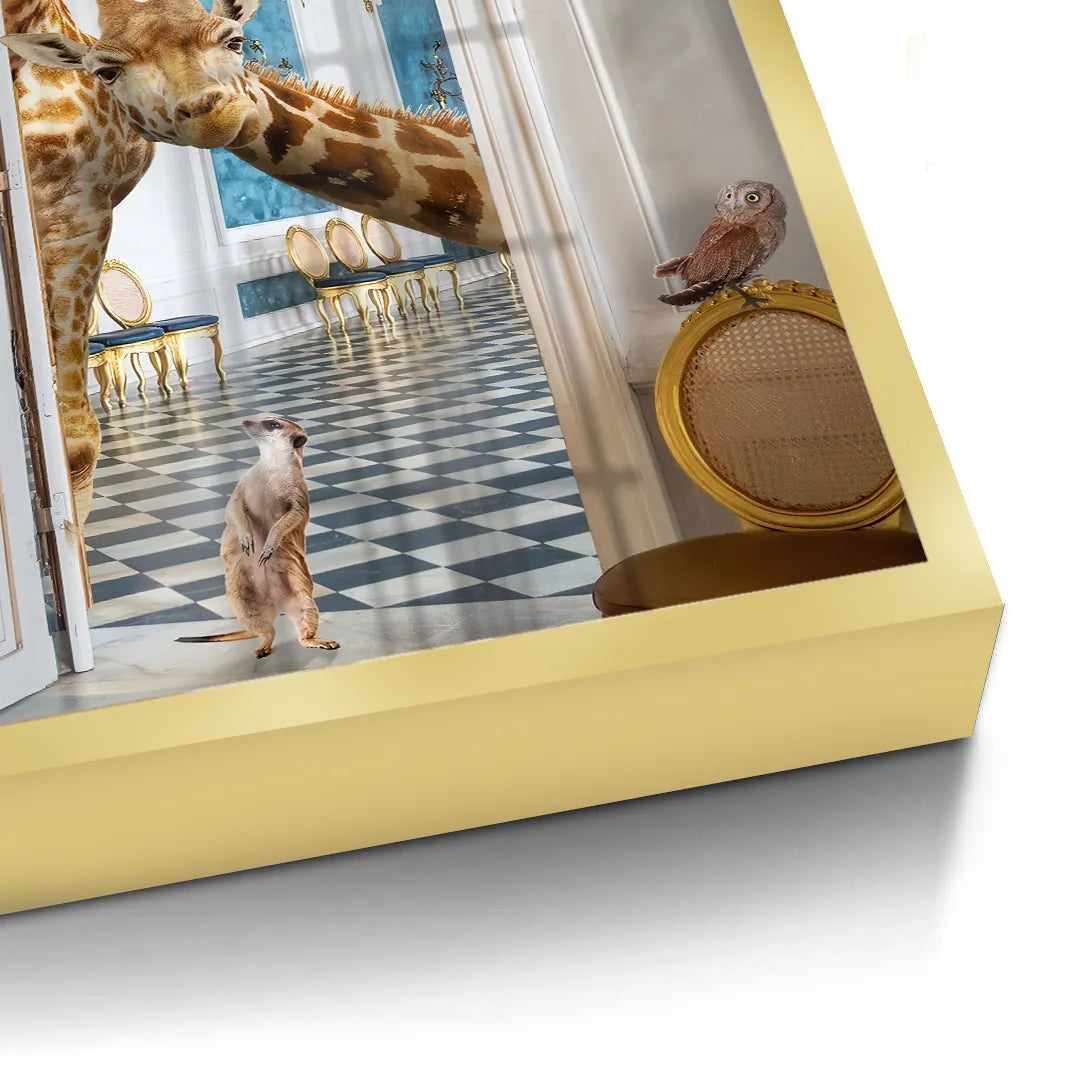 Close-up of the giraffe fine art print edge, showcasing the sleek metallic gold frame.